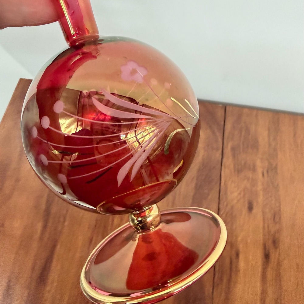 Hand Blown Egyptian Art Glass Perfume Bottle Cranberry Red Gold 12 Inch VTG 90s - Picture 4 of 13